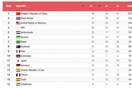 残奥代表团金牌榜上以96金60银51铜连续5届高居第1