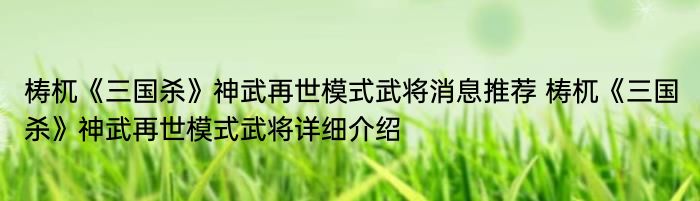 梼杌《三国杀》神武再世模式武将消息推荐 梼杌《三国杀》神武再世模式武将详细介绍