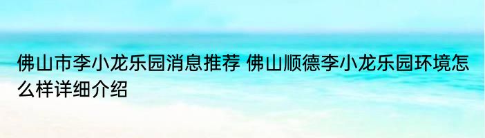 佛山市李小龙乐园消息推荐 佛山顺德李小龙乐园环境怎么样详细介绍